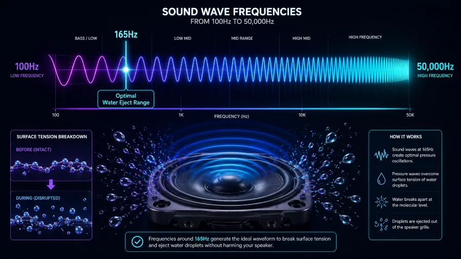 165Hz sound wave frequency visualization showing acoustic resonance effect on phone speaker diaphragm and water molecules