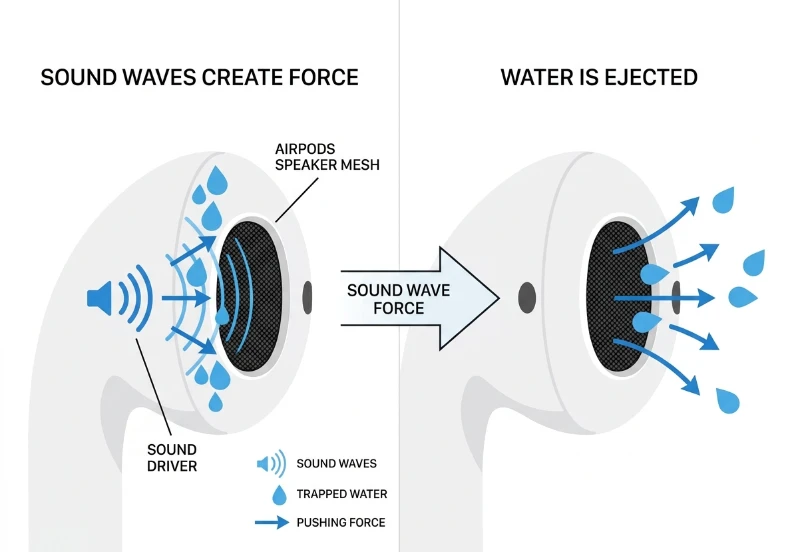 Water Eject AirPods: Fix Muffled Sound in 2 Minutes (Free Method) 4 airpods speaker mesh with trapped water droplets and sound waves pushing them out