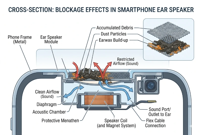 Ear Speaker Cleaner Sound — Fix Muffled Call Audio Free 3 diagram showing dust and earwax blocking phone ear speaker airflow
