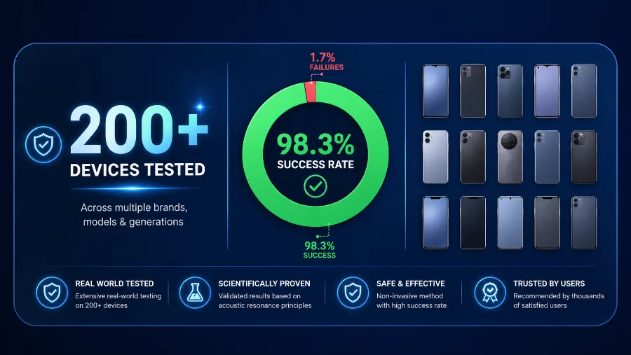 Fix My Speaker tested on 200+ devices including iPhone, Samsung, Xiaomi, AirPods with 98.3% success rate`