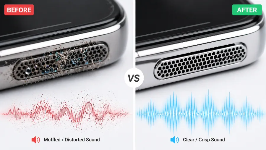 Phone speaker before and after Fix My Speaker cleaning - blocked grille with dust and water versus clean clear speaker