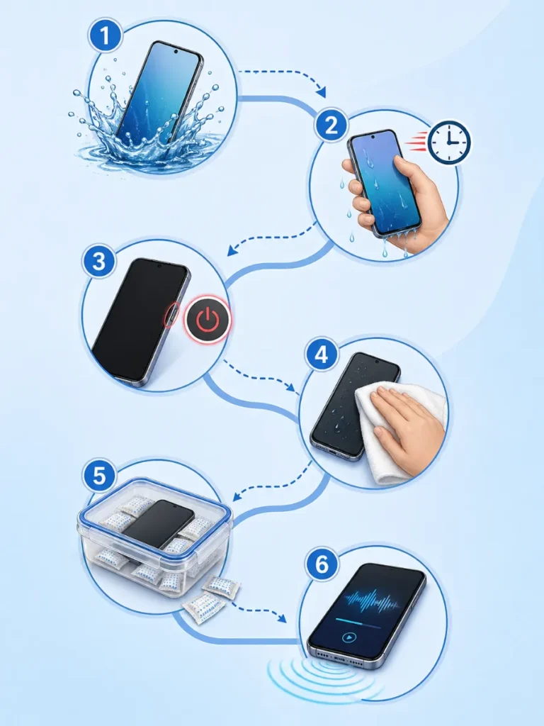 Emergency phone water damage recovery steps - turn off, dry, use silica gel, run Fix My Speaker tool