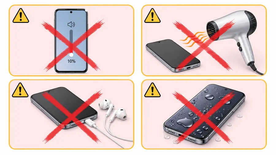 Common phone speaker cleaning mistakes to avoid - low volume, hair dryer heat, headphones plugged in, wet phone exterior
