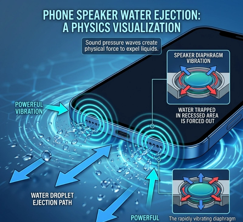 diagram showing how water eject sound pushes water out of speaker