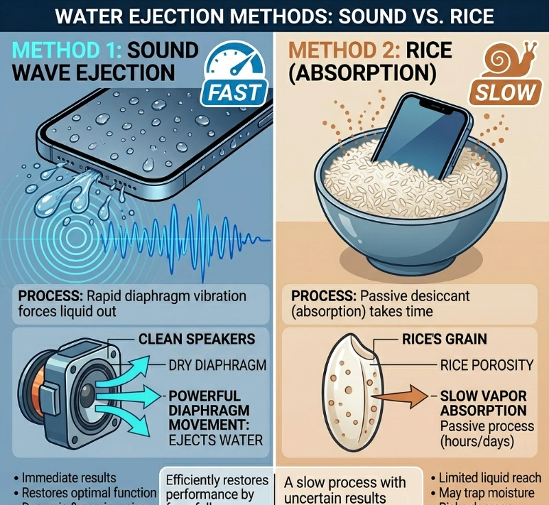 water eject sound vs rice method for speaker cleaning