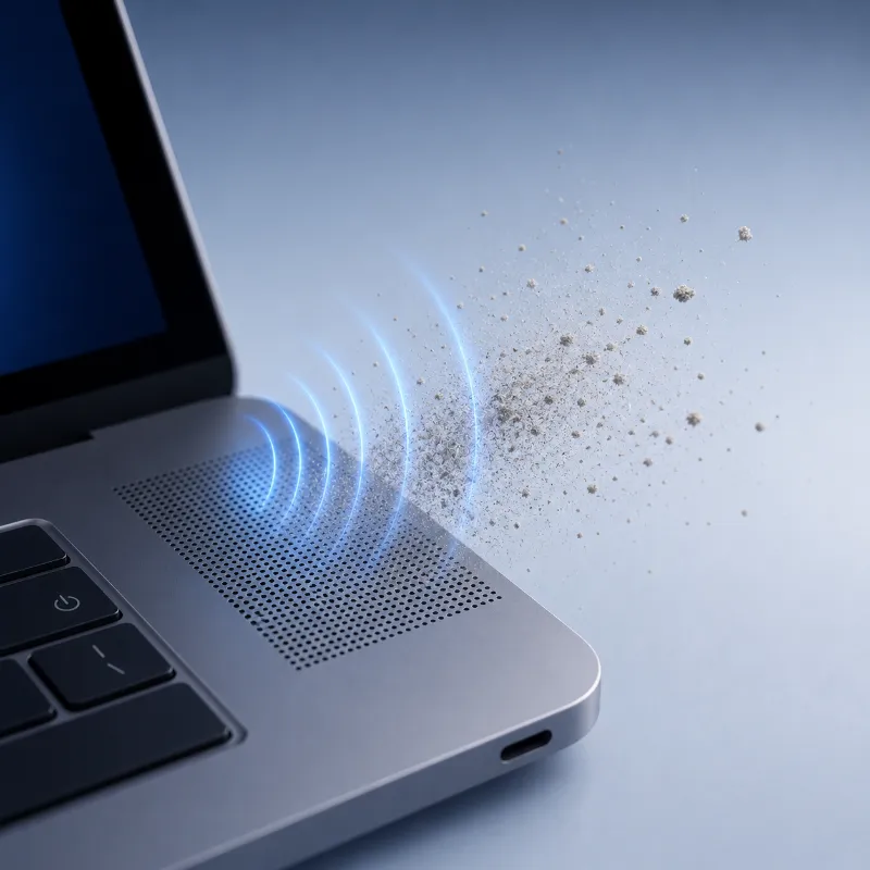 Laptop Speaker Cleaner: Fix Muffled Sound and Remove Dust or Water 4 Dust particles being removed from laptop speaker using vibration