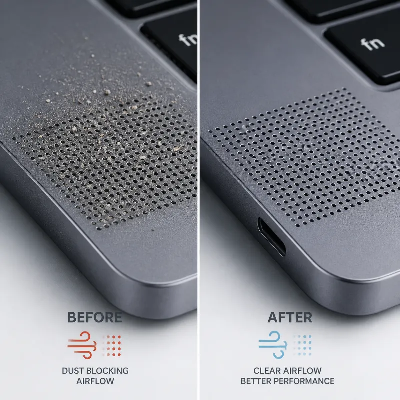 Laptop Speaker Cleaner: Fix Muffled Sound and Remove Dust or Water 1 Dust blocking airflow in laptop speaker grill causing muffled sound